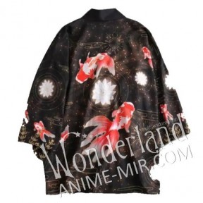 Японское кимоно - черное с красными рыбами петухами / Haori - black with red fish 